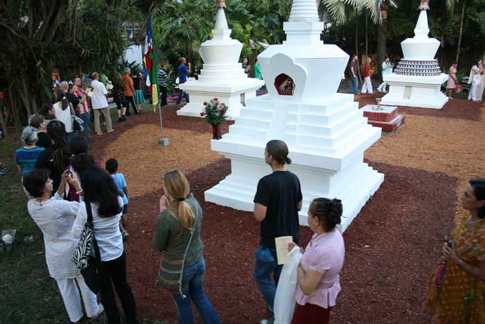 Garden of Merit Stupa Open Awareness Buddhist Center Miamibuddhism.com Feature Southernmost Tibetan stupas in the U.S. They were built to counter negativity and balance the elements, thereby benefiting the physical environment and all the beings sharing that environment. A basic design was shown by Buddha Shakyamuni when his disciples asked him how a reliquary should be constructed and what it should symbolize. The Kagyu lineage of Tibetan Buddhism has kept the basic design. These four stupas in Miami, Florida were built to face the four cardinal directions and symbolize various events in the life of the Buddha. Come experience the peace of our garden.